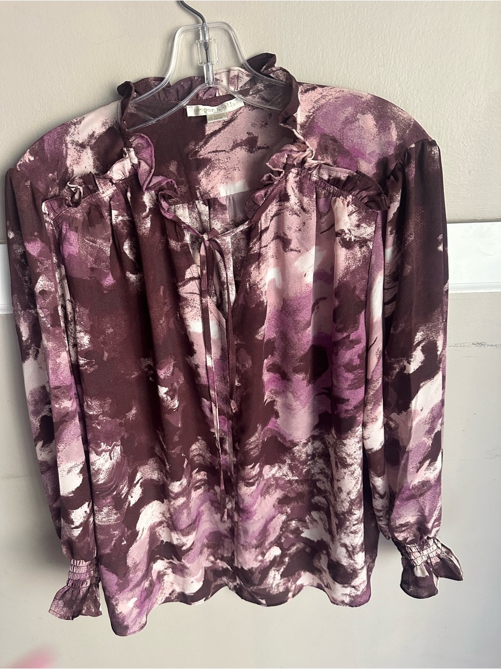 cooper & ella Plum and Mauve Ruffle Tie-Neck Blouse